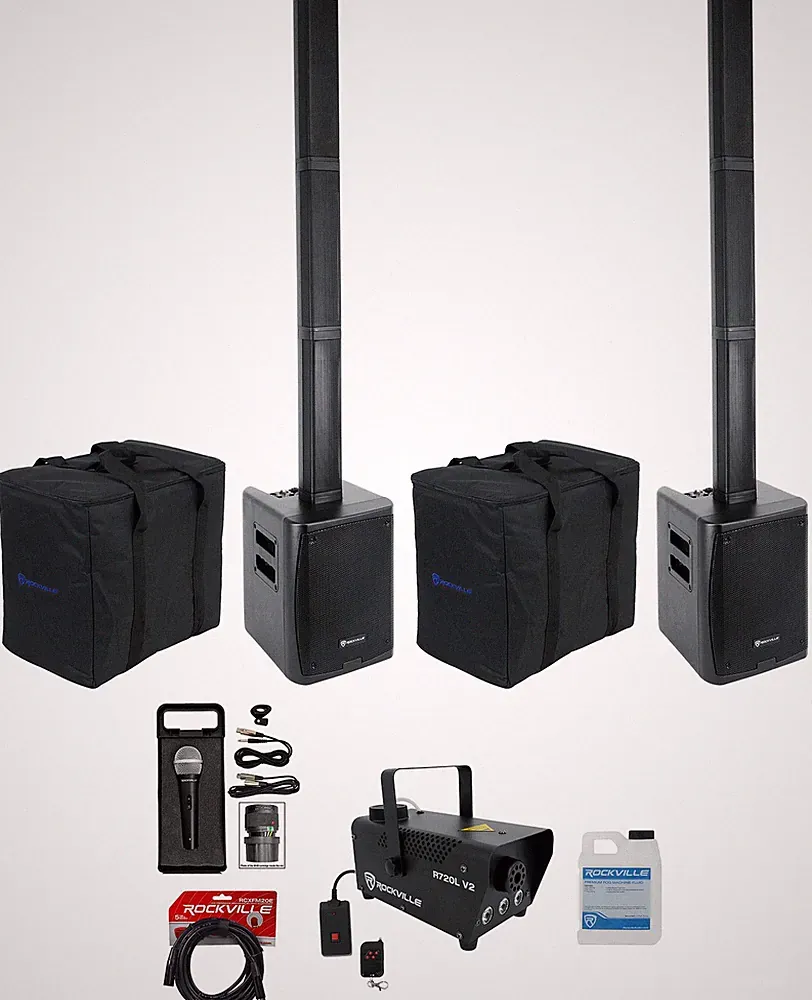 Rockville DJ Package w/ (2) TITAN PORTABLE ARRAY Speakers+Microphone+LED Fogger