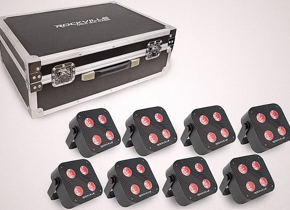 Rockville MINI IR4 CHARGE PACKAGE BLACK 8 DJ Par Wash Up Lights+Case+App Control