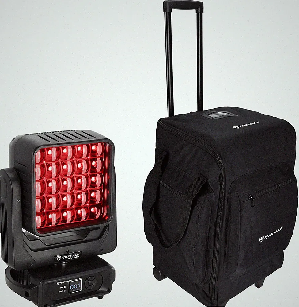 Rockville MV-400 Moving Head DJ Matrix Wash Light, Strobe, DMX 512+Rolling Bag