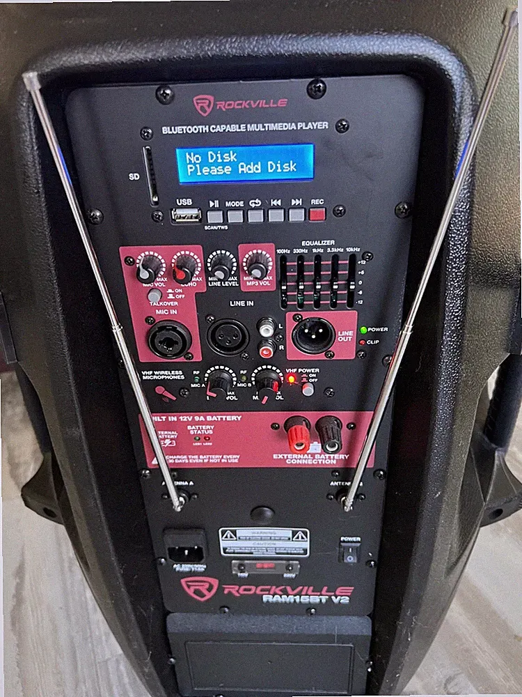 Rockville RAM15BT 15" Rechargeable Powered 800W PA DJ Speaker, 2 Mics, Bluetooth