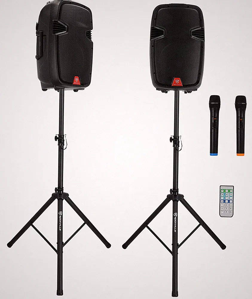Rockville RAMSYS12 Pair 12" Battery Powered Pro Bluetooth DJ PA Speakers 2 Mics