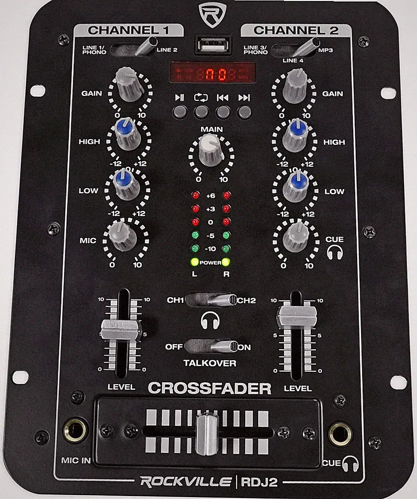Rockville RDJ2 2 Channel DJ Mixer with USB, Cue Monitor, Talkover, 4 Line Inputs