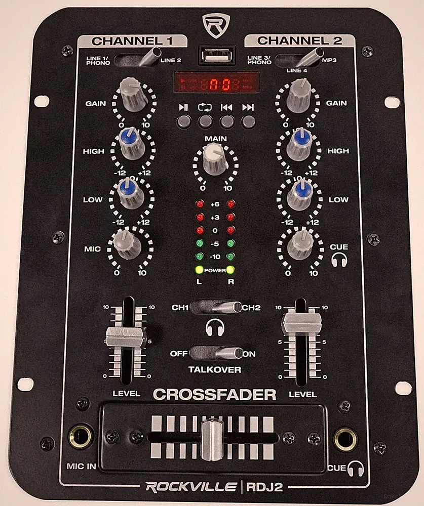 Rockville RDJ2 2 Channel DJ Mixer with USB, Cue Monitor, Talkover, 4 Line Inputs