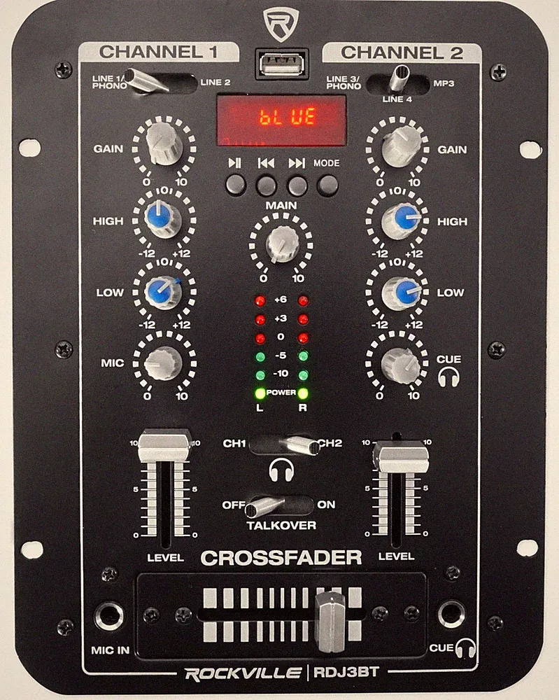 Rockville RDJ3BT 2 Channel DJ Mixer with USB, Bluetooth, Talkover, 4 Line Inputs