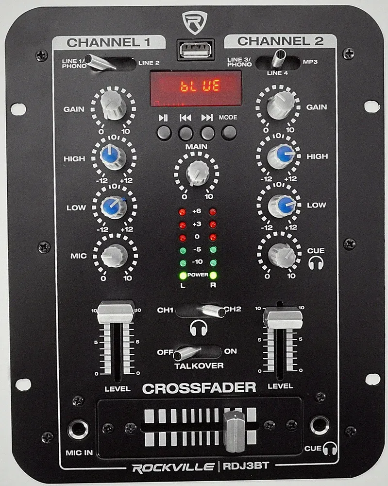 Rockville RDJ3BT 2 Channel DJ Mixer with USB, Bluetooth, Talkover, 4 Line Inputs