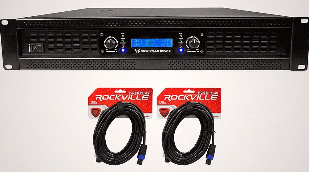 Rockville RPA12 5000w Peak/1400w RMS 2 Channel Power Amplifier Pro/DJ Amp+Cables