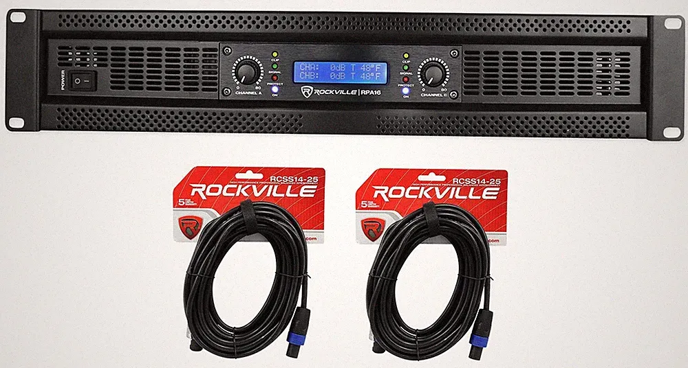 Rockville RPA16 10,000 Watt 2 Channel Power Amplifier Pro/DJ Amp+Speakon Cables