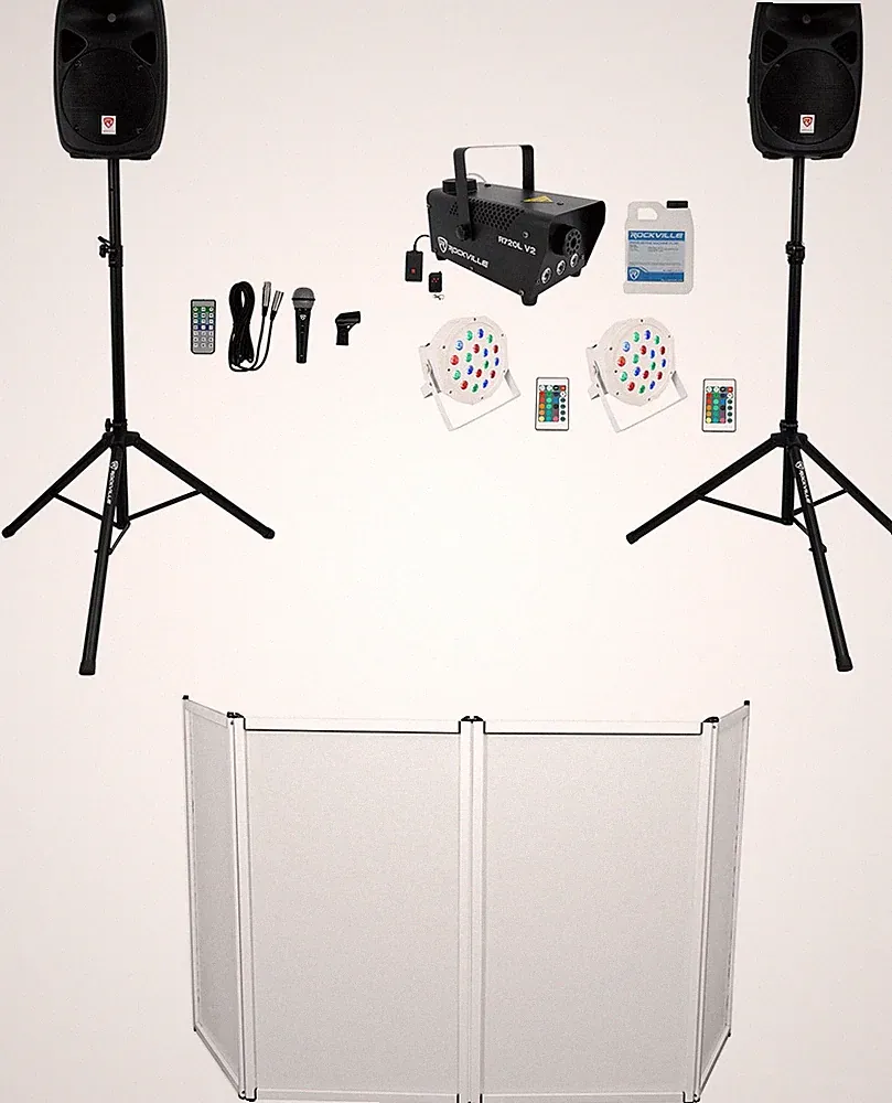 Rockville RPG102K DJ Kit w/10" Speakers+Mic+Stands+Facade+Up Lights+LED Fogger
