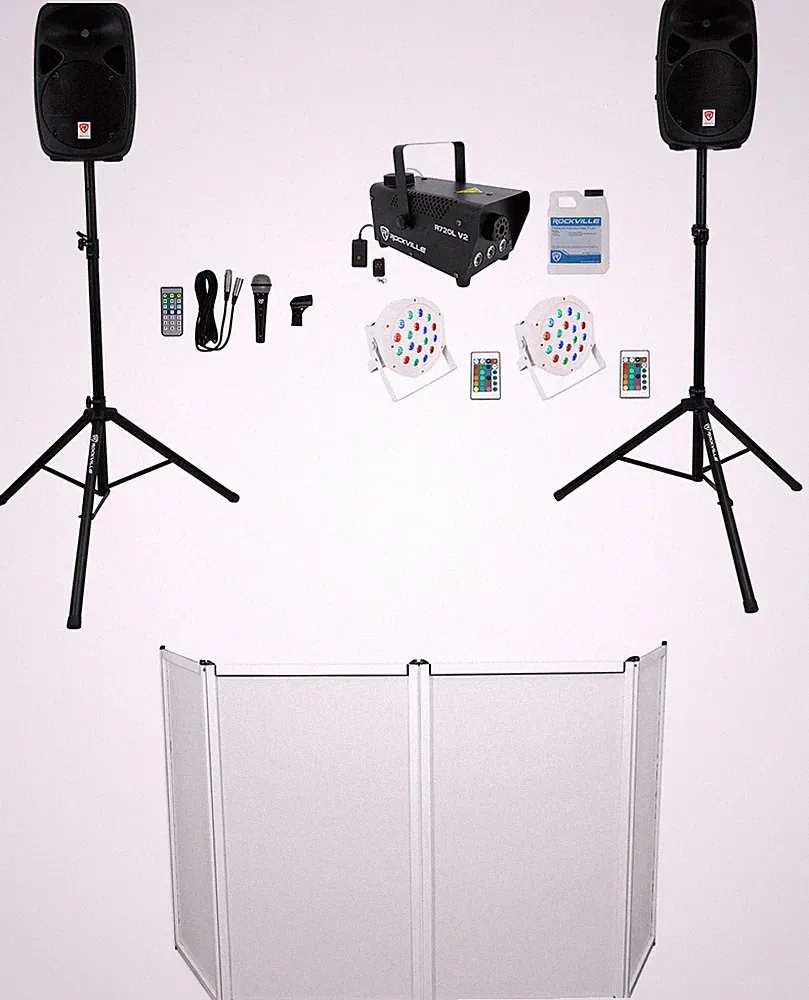 Rockville RPG102K DJ Kit w/10" Speakers+Mic+Stands+Facade+Up Lights+LED Fogger