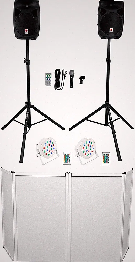 Rockville RPG102K DJ Kit w/10" Speakers w/Bluetooth+Mic+Stands+Facade+Up Lights