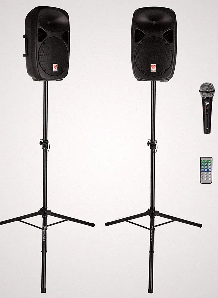 Rockville RPG102K Dual 10" Powered Speakers DJ PA System Bluetooth+Mic+Stands