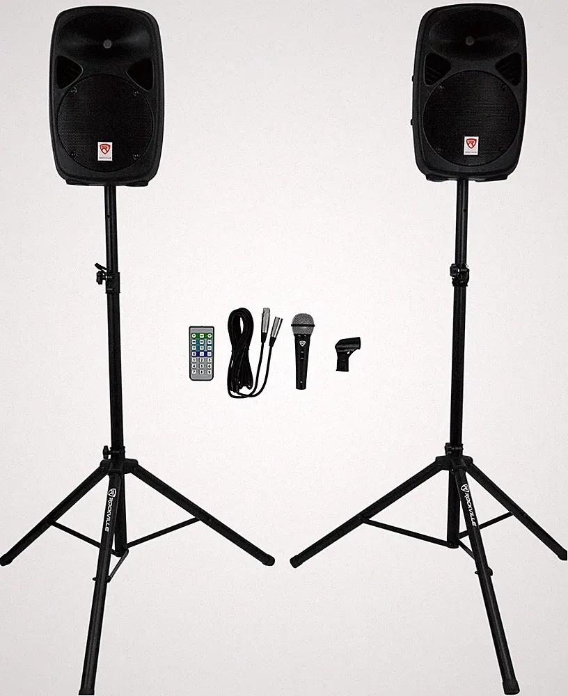 Rockville RPG102K Dual 10" Powered Speakers DJ PA System Bluetooth+Mic+Stands