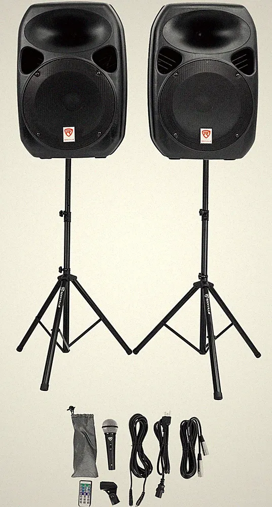 Rockville RPG122K 12" Portable PA System 2 Powered Speakers Bluetooth+Mic+Stands