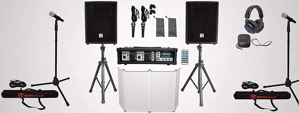 Rockville RPG2X10 Mixer/Amp+10" Bluetooth Speakers+Stands+Mics+Headphones+Facade