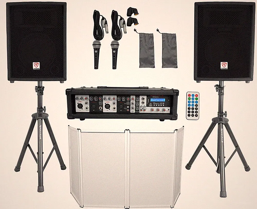 Rockville RPG2X10 PA System Mixer/Amp+10" Speakers+Stands+Mics+Bluetooth+Facade