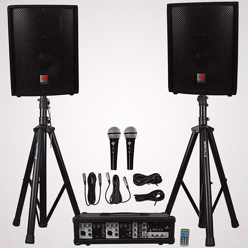 Rockville RPG2X10 PA System w/ Mixer/Amp+10" Speakers+Stands+(2) Mics+Bluetooth