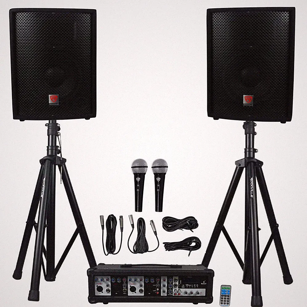 Rockville RPG2X10 PA System w/ Mixer/Amp+10" Speakers+Stands+(2) Mics+Bluetooth