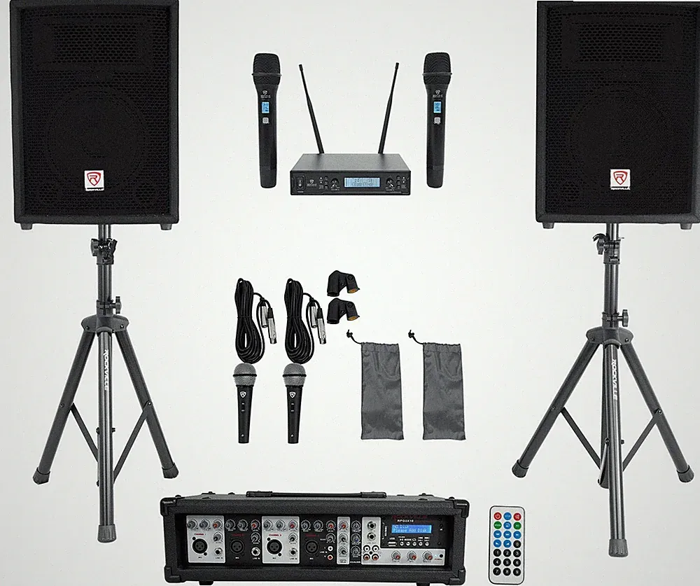Rockville RPG2X10 Powered Bluetooth Mixer+(2) 10" Speakers+Stands+Wireless Mics