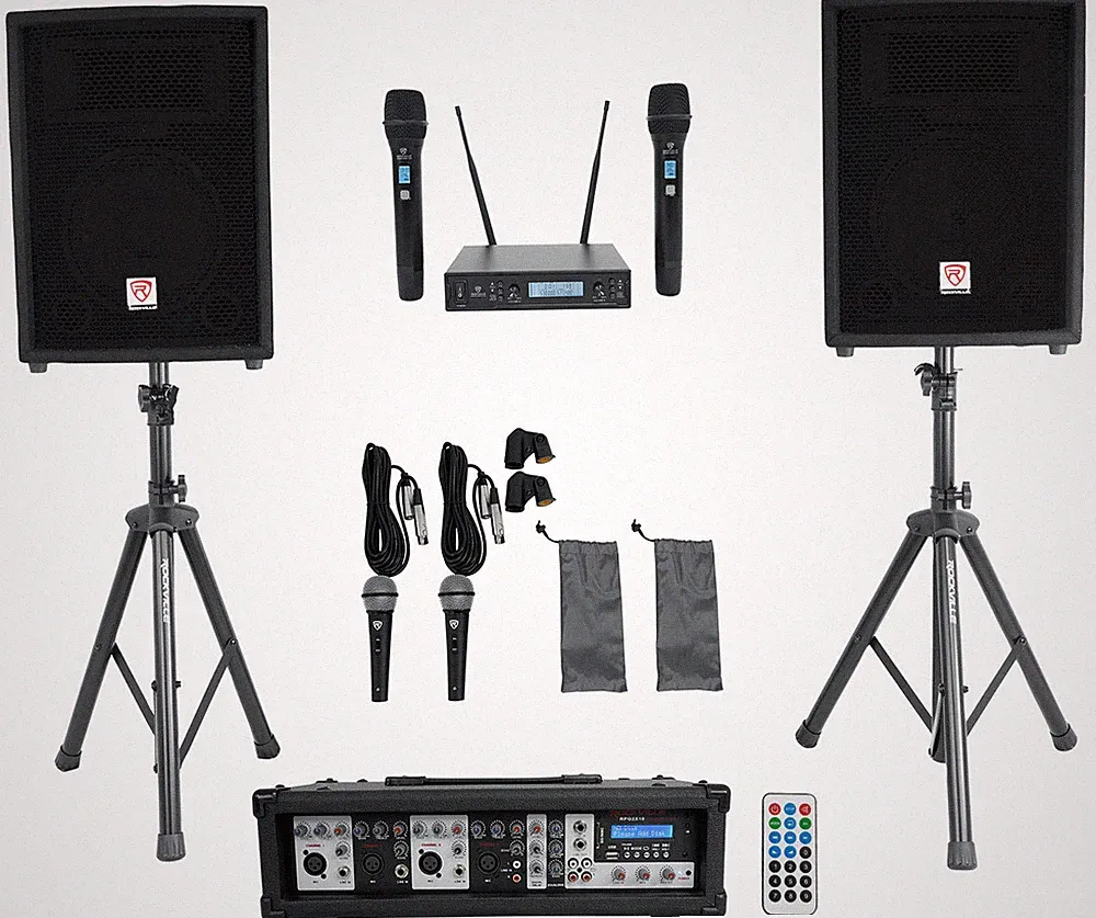 Rockville RPG2X10 Powered Bluetooth Mixer+(2) 10" Speakers+Stands+Wireless Mics