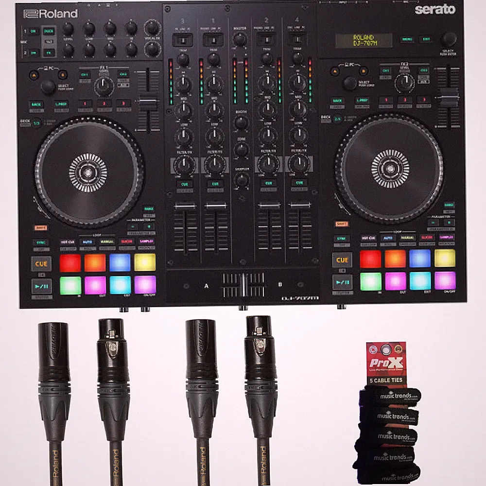 Roland DJ-707M 4-Channel DJ Controller for Serato DJ + 2 Gold Roland XLRs