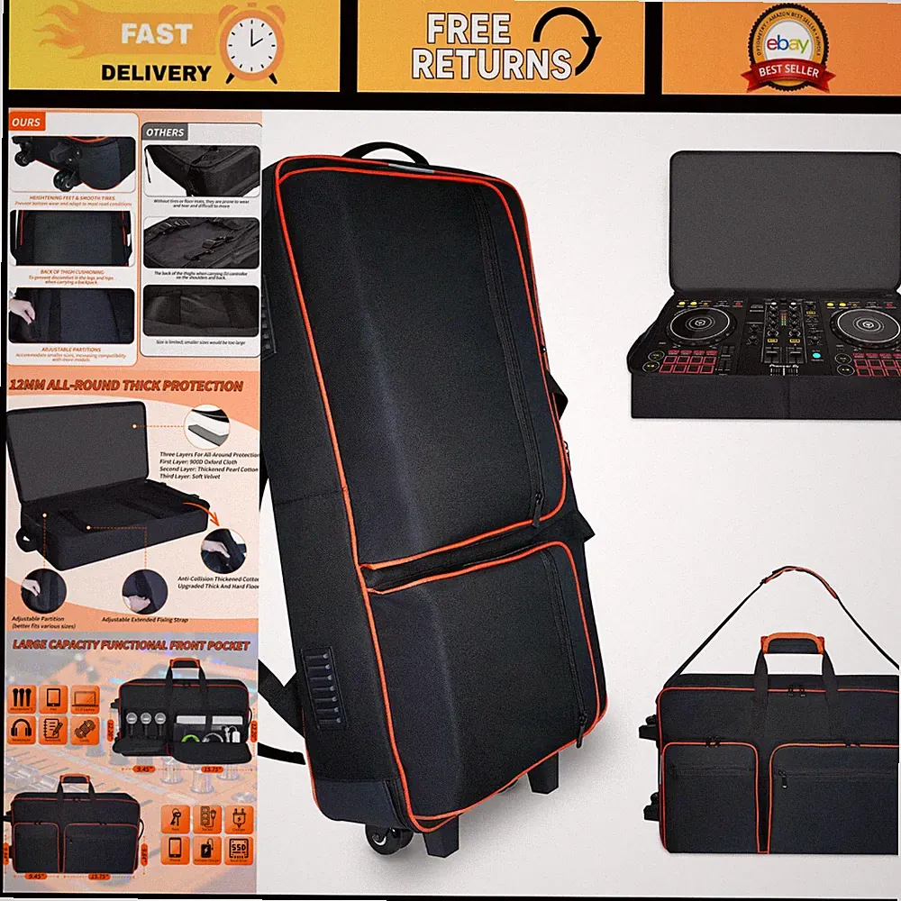 Rolling DJ Controller Case with Wheels | Padded Backpack, Waterproof, Multi-Pock