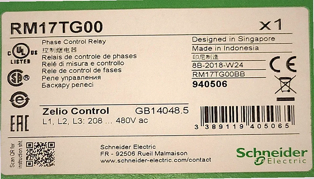 SCHNEIDER ELECTRIC RM17TG00 Phase Control Relay Zelio Contact GB14048.5 480 VAC