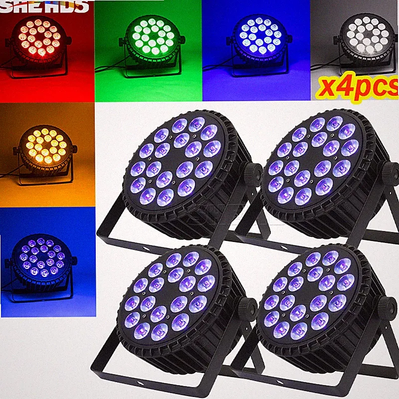 SHEHDS 4Pcs LED Flat Par 18X18W Aluminum Alloy RGBWAUV Par Stage Lights DJ Disco