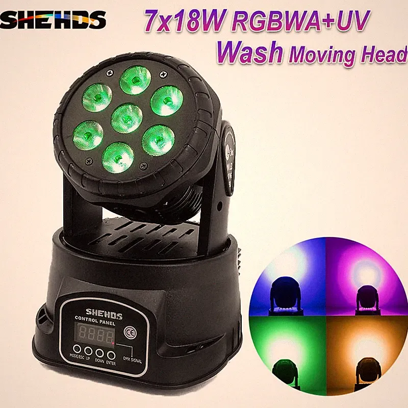SHEHDS 7x18W 7LED RGBWA+UV Moving Head Lighting Wash DMX Disco DJ Music KTV
