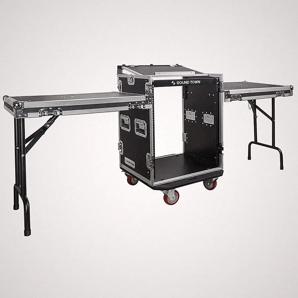 Sound Town 14U PA Rack/Road Case 11U Slant Mixer Top 2 DJ Tables (STMR-14UWT2)