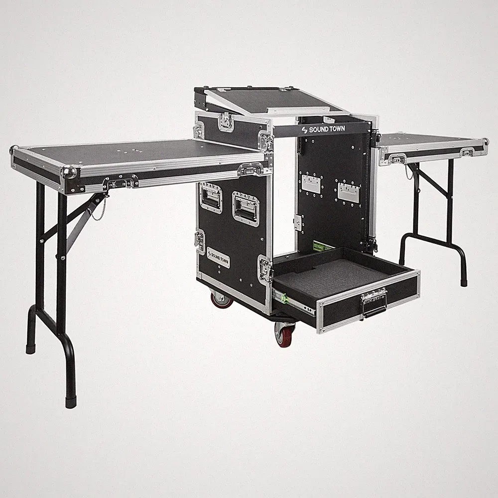 Sound Town 14U Rack Case 2U Drawer 11U Slant Mixer Top Two DJ Table (MR-DR14UT2)
