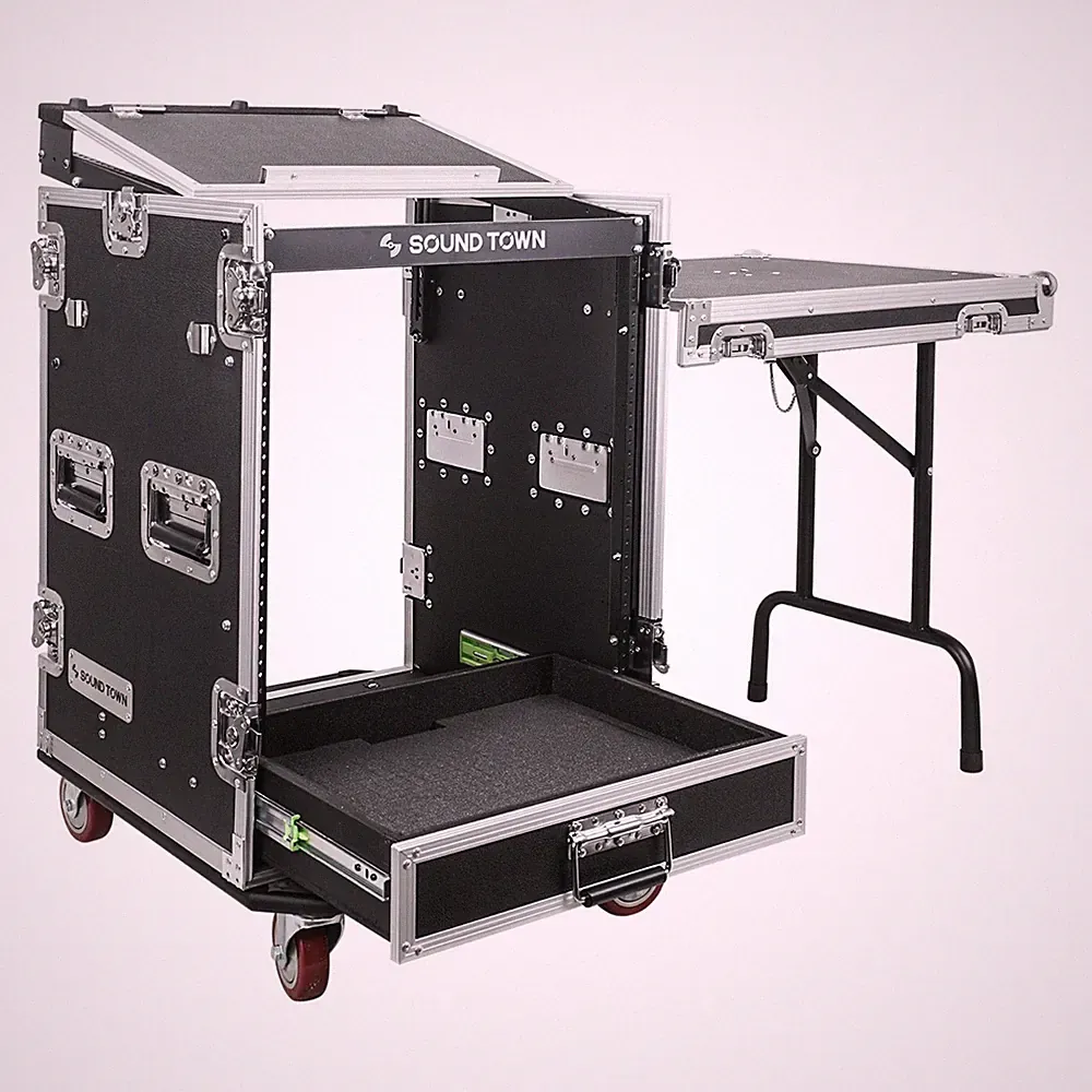 Sound Town 14U Rack Case w/ 2U Drawer, 11U Slant Mixer Top, DJ Table MR-DR14UT