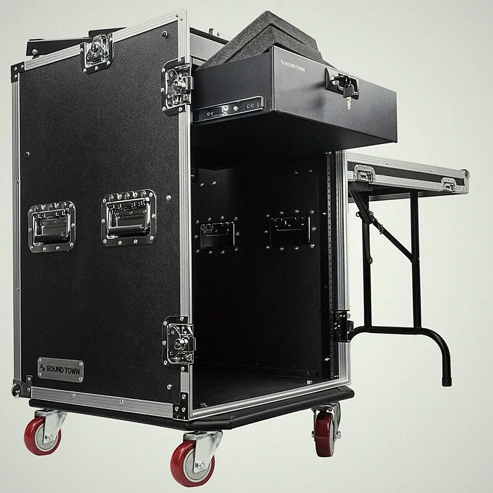 Sound Town 16U DJ Rack Case w/11U Slant Mixer Top Casters Lock Drawer STMR-16TD3