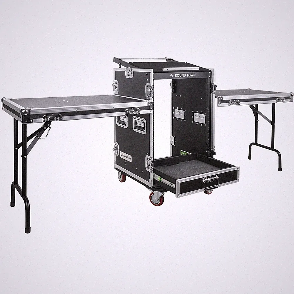 Sound Town 16U Rack Case 2U Drawer 11U Slant Mixer Top Two DJ Table (MR-DR16UT2)