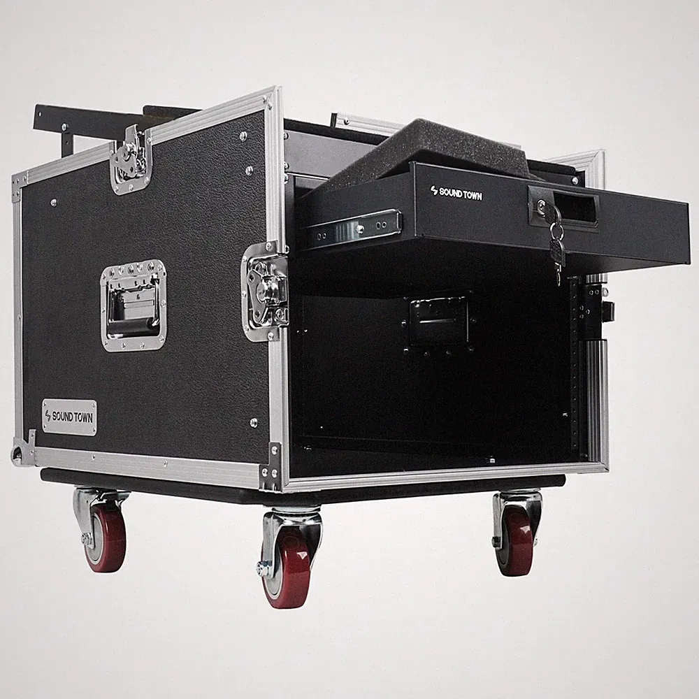Sound Town 8U DJ Rack Case w/11U Slant Mixer Top Casters Locking Drawer STMR-8D2