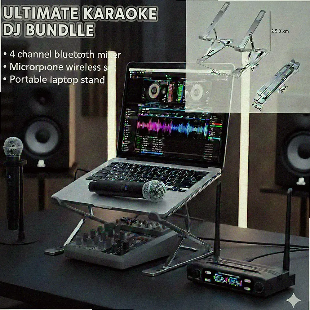 Ultimate Karaoke DJ Bundle - 4-Channel Bluetooth Mixer, Wireless Microphone Set