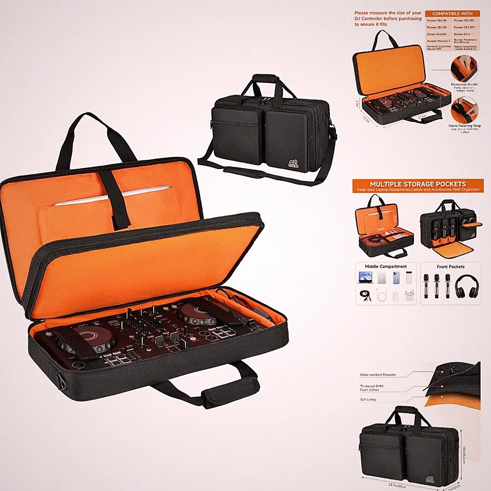 Versatile DJ Controller Carrying Case with 11 Pocket Storage - Black/Orange