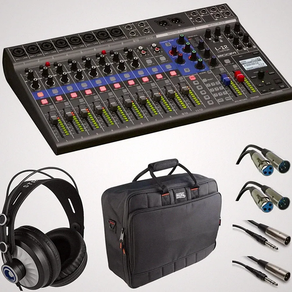 Zoom LiveTrak L-12 with Samson SR350 headphones, G-MIXERBAG-1815 and Cables
