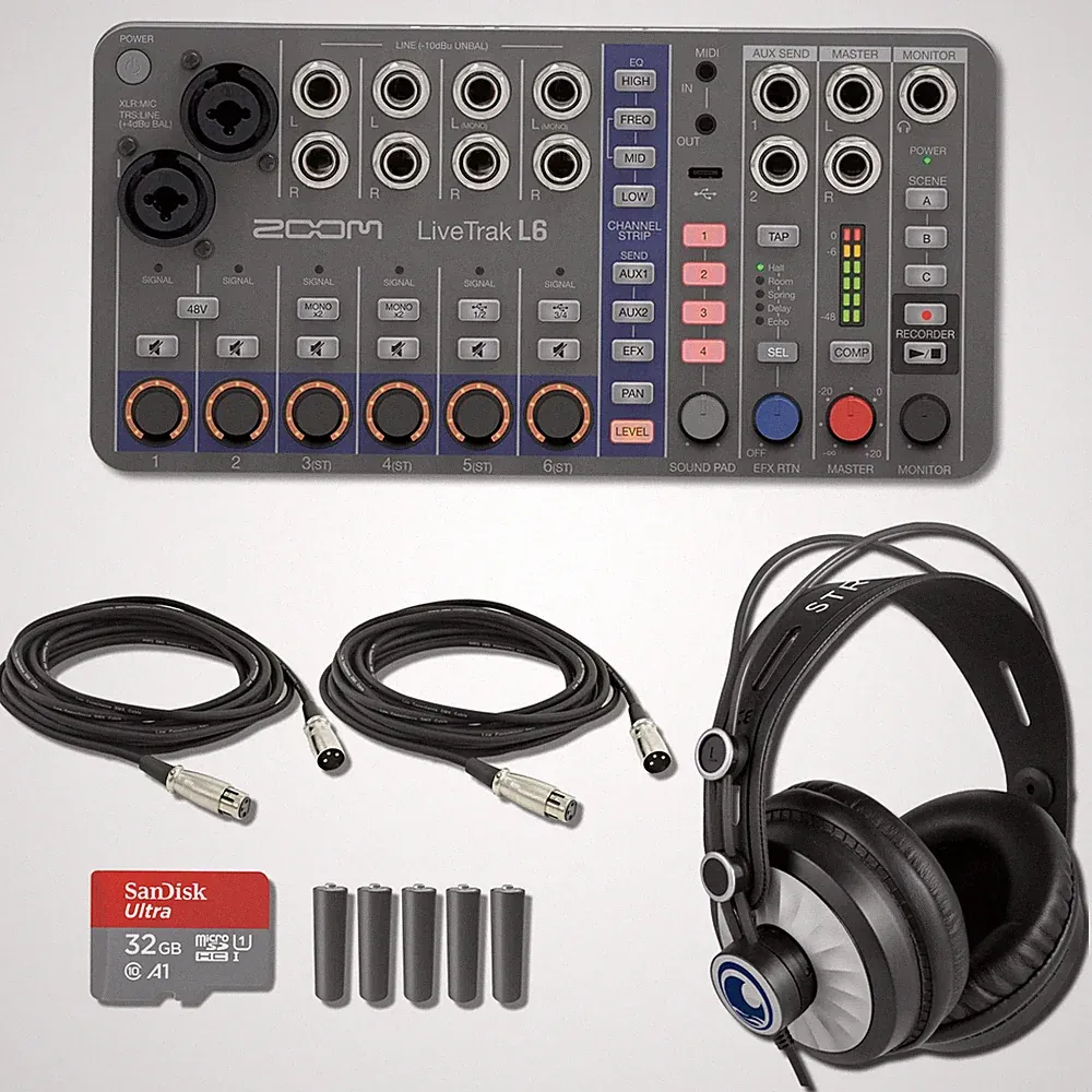 Zoom LiveTrak L6 with 2 XLR Cables, StreamEye Cans50, Polishing cloth, SD Card